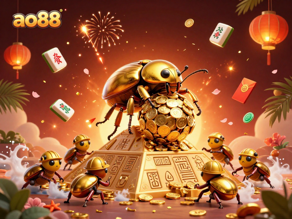 Experience the thrill of ao88 with golden beetle characters amidst vibrant casino themes and elements.