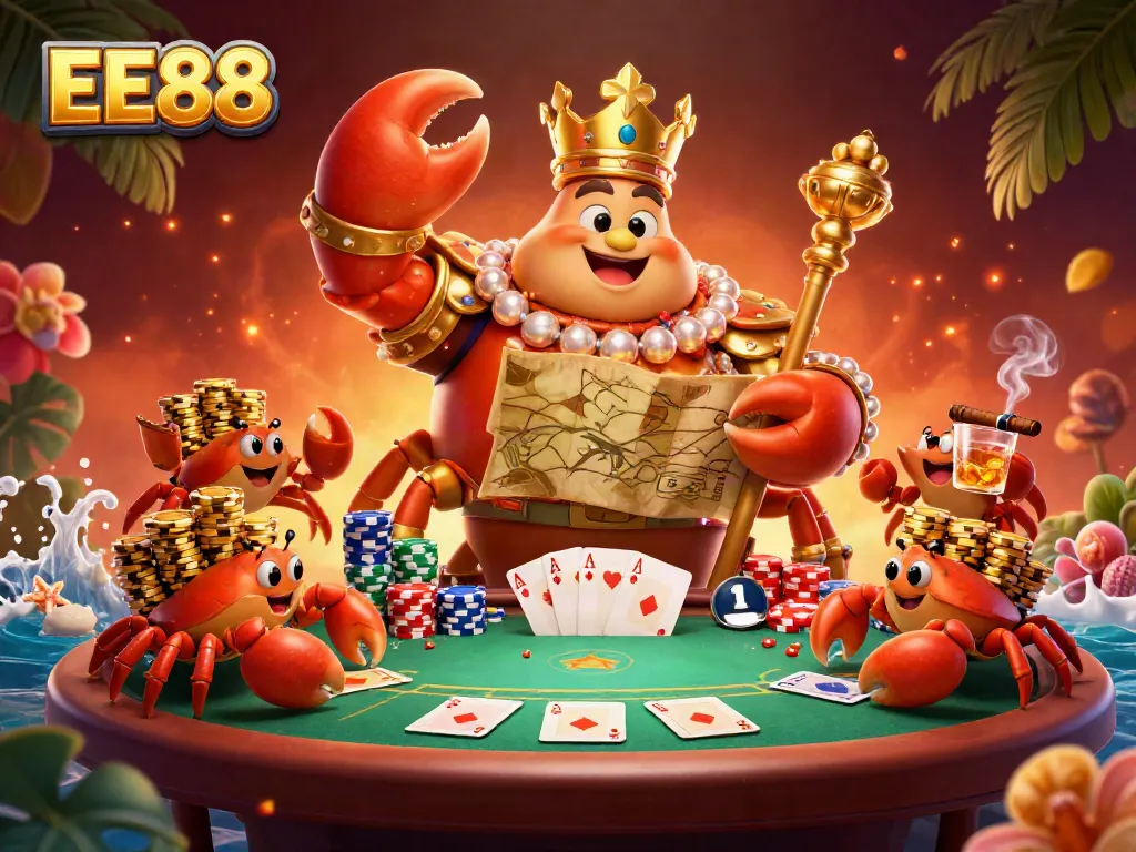 EE88 Casino Adventure: A golden crab emperor and hermit crabs amidst chaotic poker excitement.