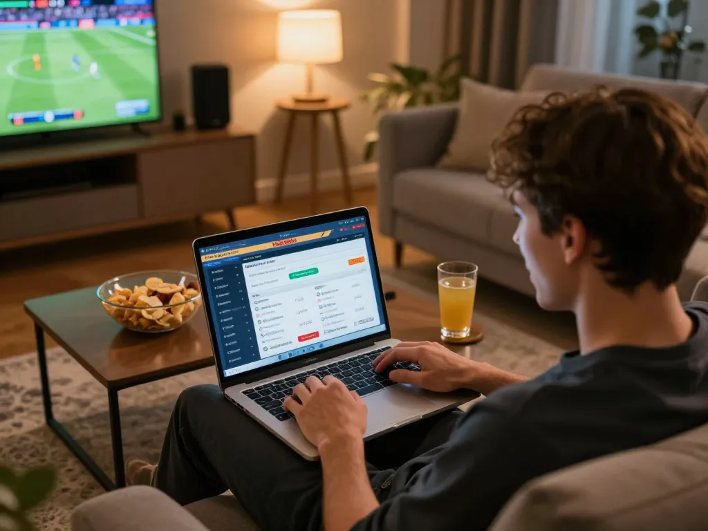 Engaging with hitclub68s betting app in a cozy living room setup.