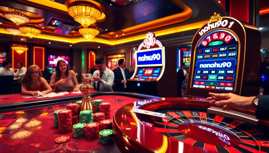 Nohu90 players enjoying a vibrant casino atmosphere featuring poker chips and a roulette wheel.
