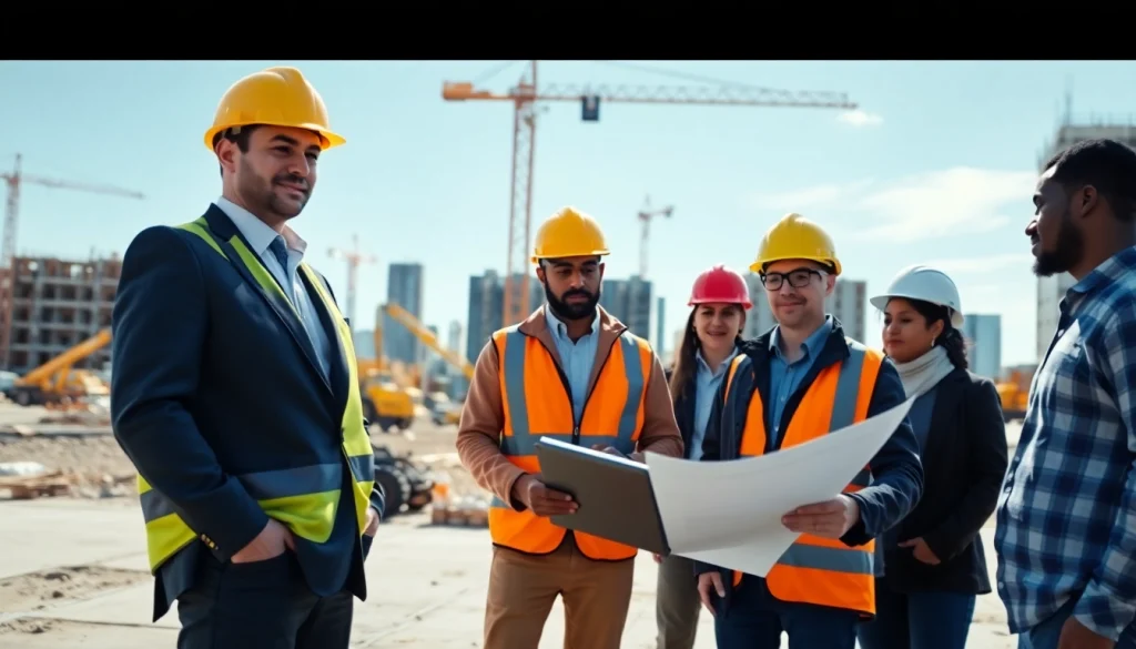 New York Construction Manager collaborating with a diverse team on-site, showcasing teamwork and project development.