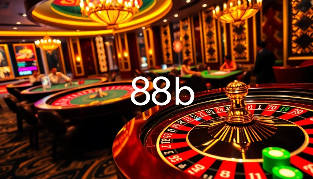 Experience the excitement of 888b in a vibrant casino scene featuring a roulette wheel and poker table.