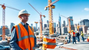New York City Construction Manager leading a team on a busy construction site with cranes.