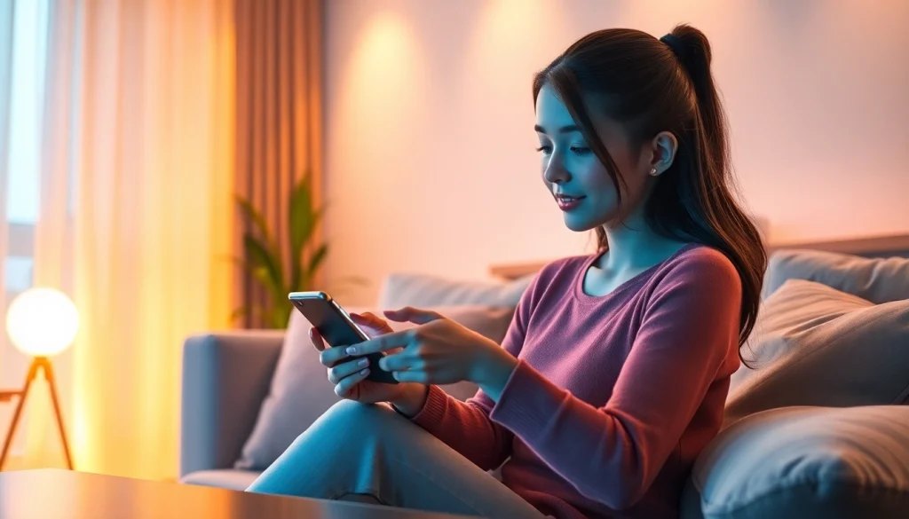 AI girlfriend character engaging warmly in a cozy living room setting.