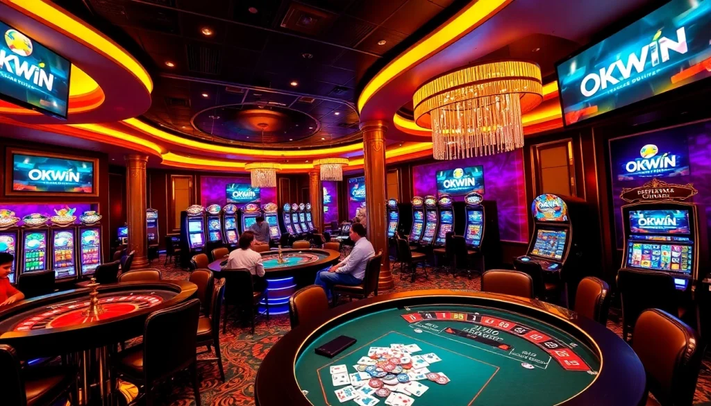 Engaged gamblers enjoying classic table games at an upscale OKWIN casino setting.