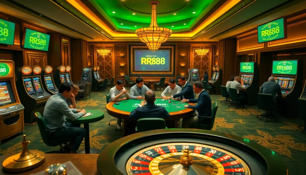 Gambling scene showcasing Nhà Cái RR88 with players around a poker table and vibrant slot machines.