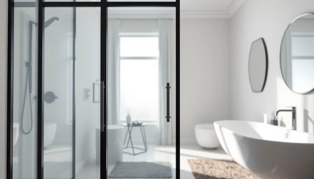 Showcasing black frame shower doors in an elegant bathroom, highlighting modern design features.