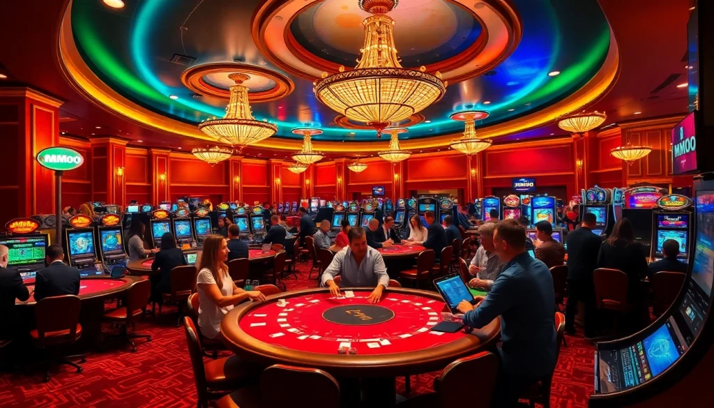 A group of players enjoying their time at an MMOO casino, surrounded by poker tables and vibrant slot machines.