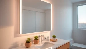 Showcasing an elegant led mirror illuminated beautifully in a modern bathroom setting.