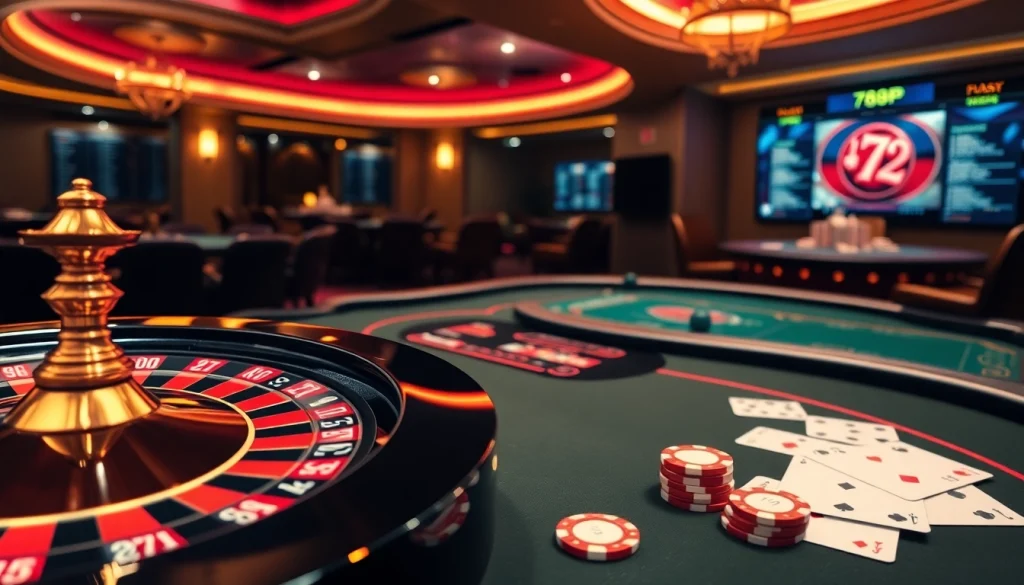 A vibrant gaming scene showcasing 789P's online casino interface with poker tables and roulette.