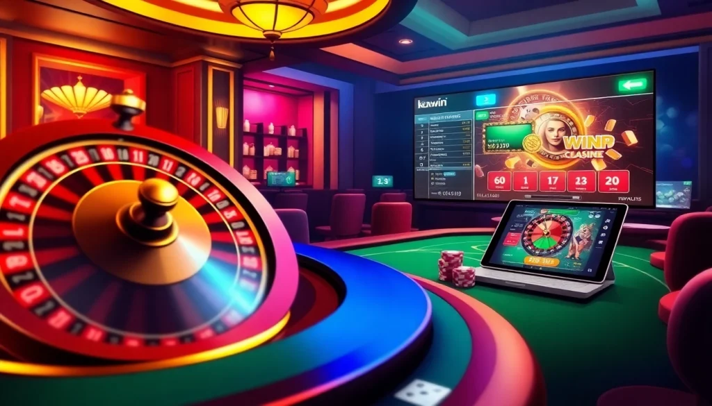 kuwin offers an exhilarating casino experience with a luxurious roulette wheel and poker table setup.