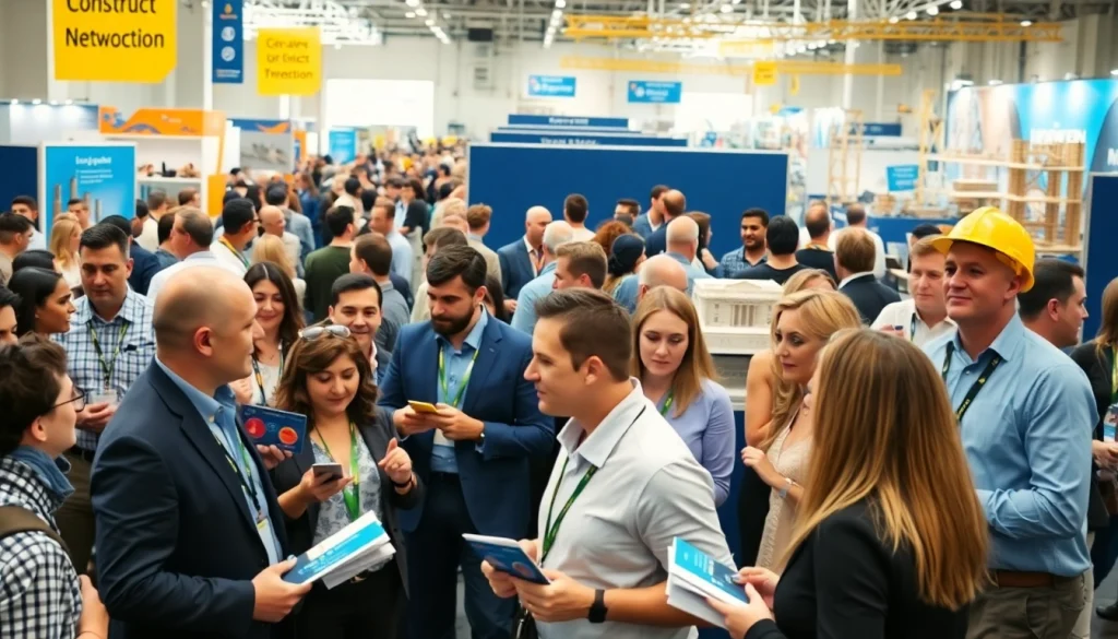 Engaging construction networking events with professionals discussing innovations and exchanging ideas.
