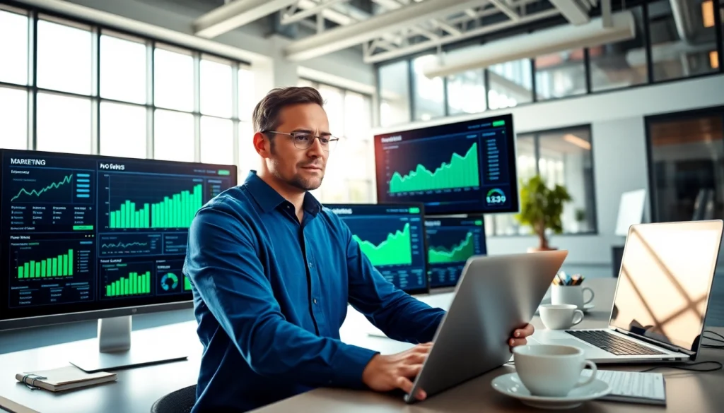 Analyze SEO Rank data on a digital marketing dashboard in a modern office.