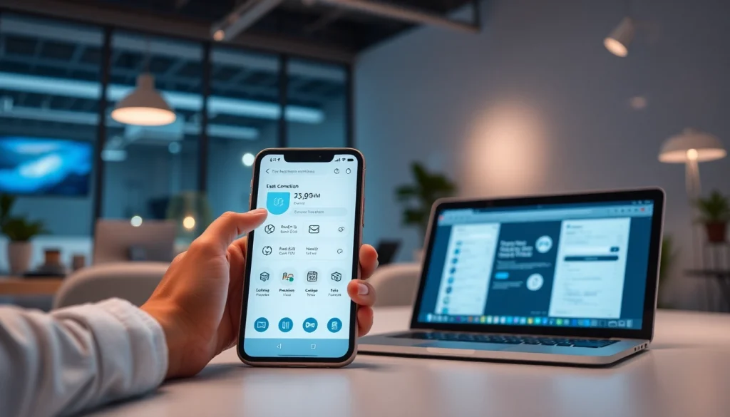 快连下载: 用户在设备上与快连应用互动，展示快速、可靠的网络加速。