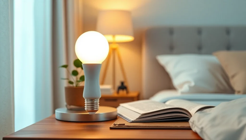 Bright A19 LED light bulb illuminating a cozy bedroom setting on a bedside table.