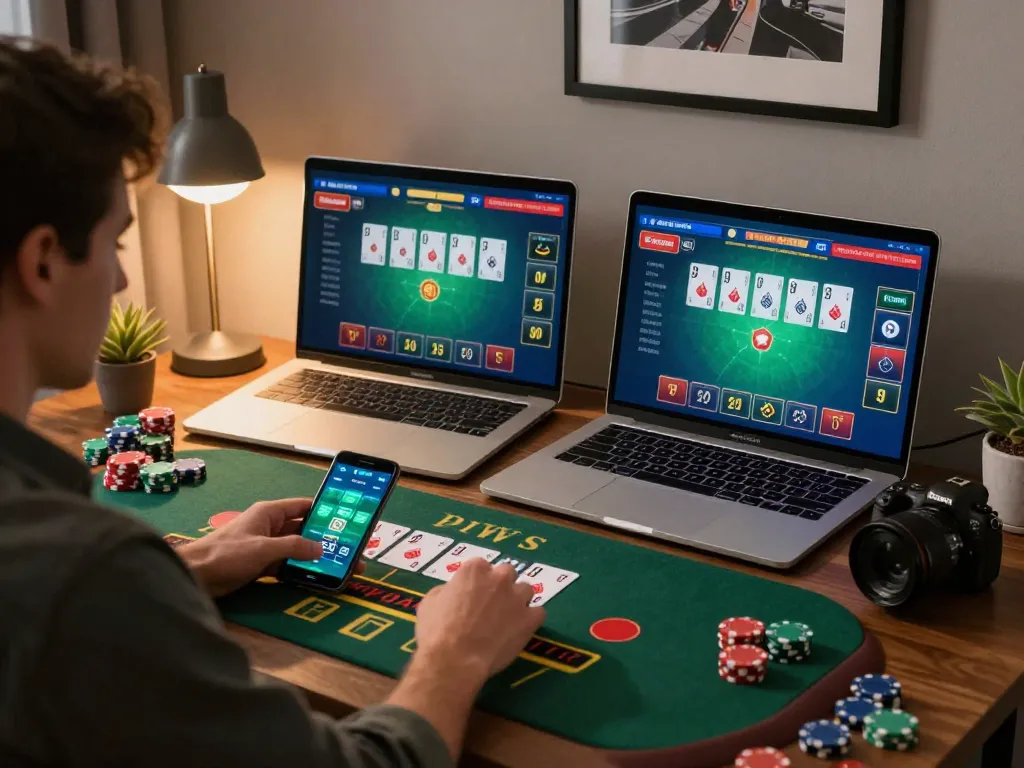 Player engaging in live dealer blackjack on kk44 with tablet, emphasizing strategic gameplay.