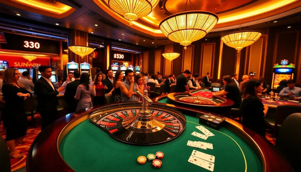Experience thrilling gameplay at sunwin casino with elegant poker tables and vibrant roulette wheels.